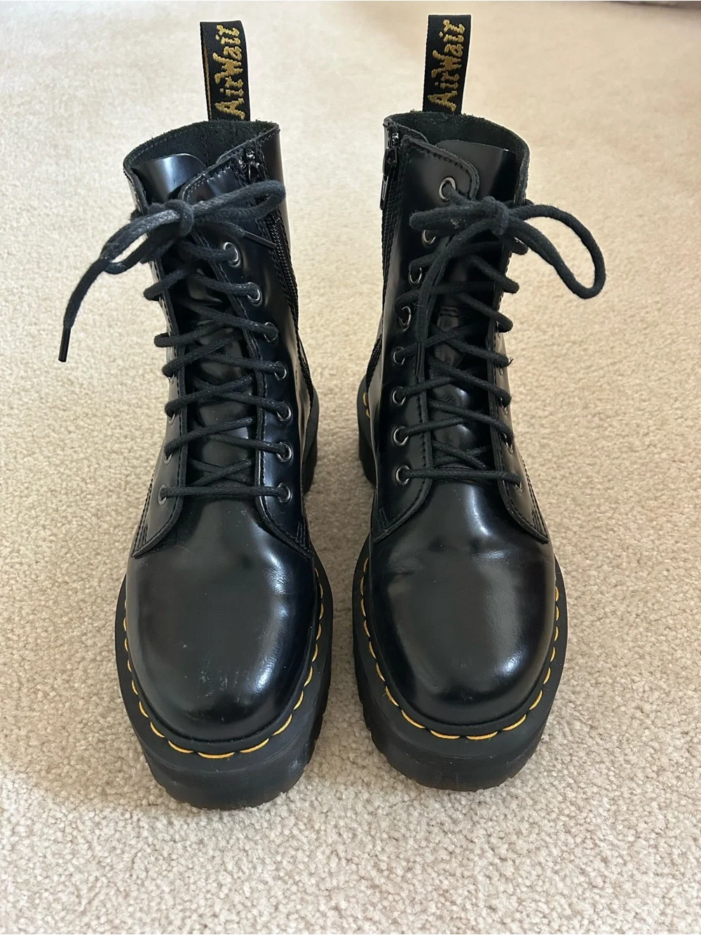 Dr. Martens Black Smooth Leather Platform Lace-Up Boots with Yellow Stitching